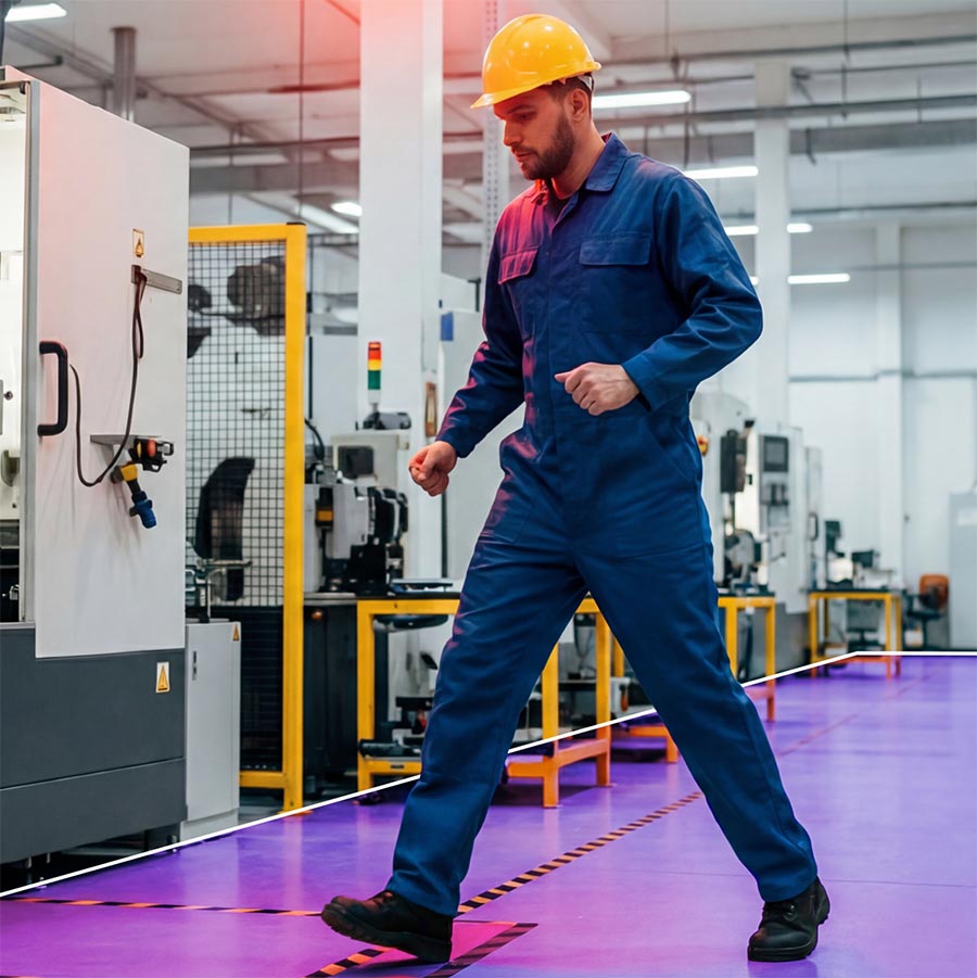 Worker in hard hat walking in factory with AI detection overlay